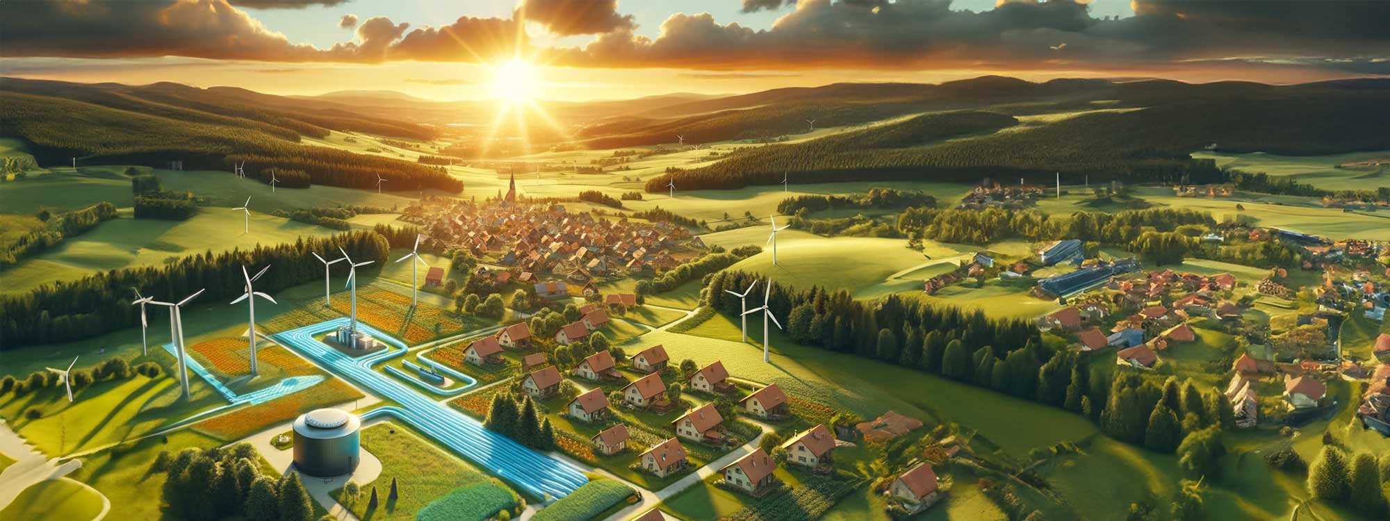 SIN_Header_2000x750_Community_v0.1_jp Grafik Landschaft mit kleiner Stadt mit sichtbar dargestelltem Wärmenetz und Windrädern bei Sonnenuntergang