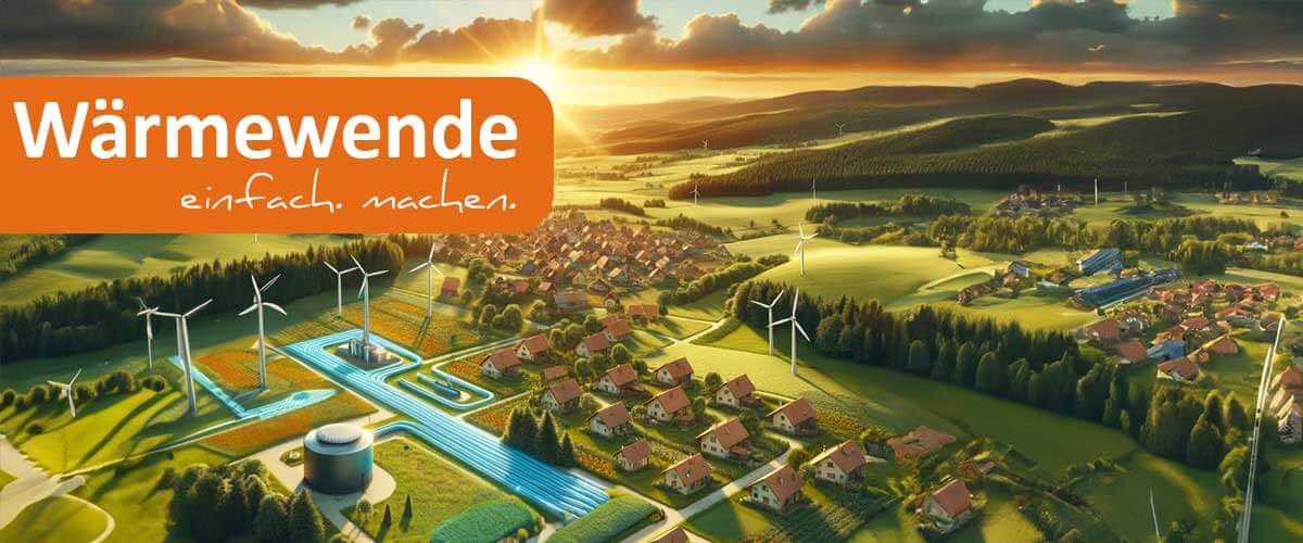 Grafik Landschaft mit kleiner Stadt mit sichtbar dargestelltem Wärmenetz und Windrädern bei Sonnenuntergang mit Aufschrift Wärmewende einfach machen